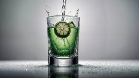 A lime wedge, an ice cube, and a glass of green liquid with liquid splattering into it.の素材