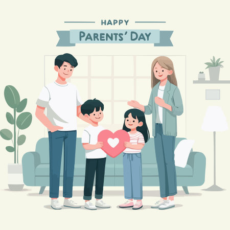 Happy family, flat style, white backdrop, clutching hearts in their hands, with a parent's day text on top.のイラスト素材