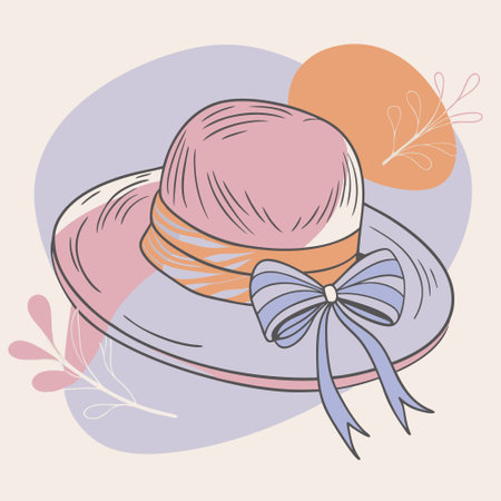 Bohemian summer image with a women's hat with a bow, backdrop plants, purple and orange circles, and a white backgroundのイラスト素材