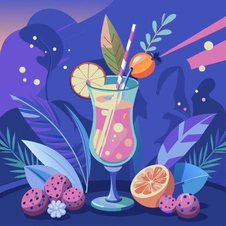 Illustration of a tropical fruit cocktail with a colorful background and various fruits, perfect for summer.のイラスト素材