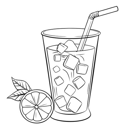 Black and white pencil artwork of a cocktail in a tall glass with ice and a straw, adorned with a piece of citrus.のイラスト素材