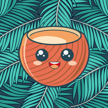 Adorable coconut with a smiling face, surrounded by green tropical leavesのイラスト素材