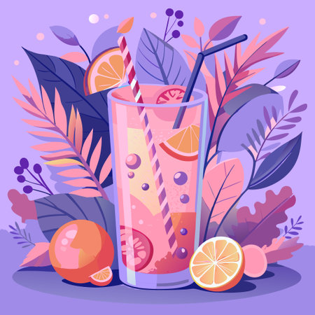 Vibrant drink with citrus slices and straws, set against a backdrop of colorful leaves and fruitのイラスト素材