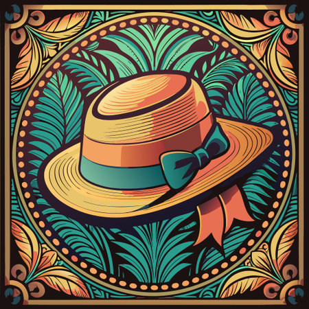 Stylish summer hat with a bow, highlighted by a detailed and colorful background design.のイラスト素材