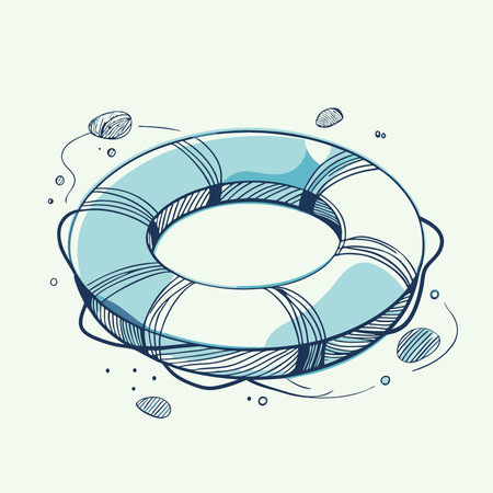 Vibrant drawing of a lifebuoy ring floating in water, symbolizing safety and fun.