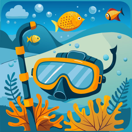 Snorkeling gear with playful fish and vibrant coral, set in a clear underwater environmentのイラスト素材