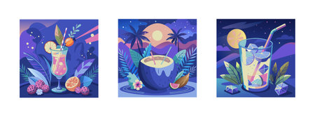 Vector collection of three paintings depicting tropical drinks in glasses and in coconut with straw and ice, blue sky, fruits and flowers in the backgroundのイラスト素材