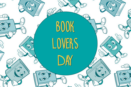 heerful book characters and Book Lovers Day text in bright teal and yellow hues. Perfect for social media posts and event banners. Designed in a fun and inviting cartoon styleのイラスト素材
