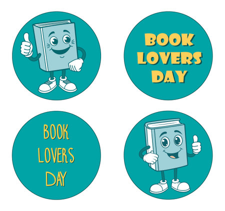 Four circular icons for Book Lovers Day, happy book mascots and event text, for promotional materials and website buttons. Color scheme includes teal and yellow for a vibrant lookのイラスト素材