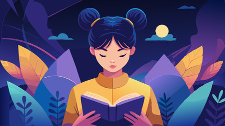 A girl reading a book in a digital illustration with a vibrant space background. The artwork is suitable for educational content, web design, and sci-fi themes.のイラスト素材
