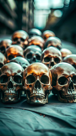 Close-up of skulls with intense shadows. Great for dark art, horror movie posters, and gothic-themed eventsの素材