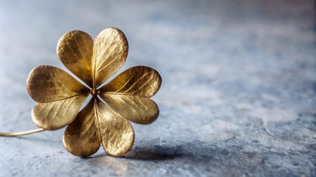 A minimalist golden clover leaf against a rough, blue-gray stone surface, perfect for contemporary branding, web design, or icons. The combination of textured surfaces and muted tones creates a stylish, modern lookの素材
