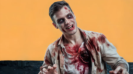 Bloody zombie with exaggerated wounds and pale makeup, suitable for Halloween party invites or horror movie promotions. Yellow background contrasts with the gory detailsの素材