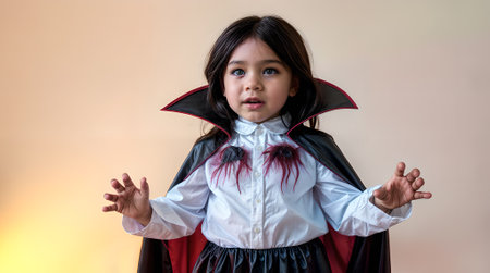 Young child dressed as a vampire posing against a neutral background, great for Halloween-themed advertisements or product packaging. Muted colors with a focus on the character's expressionの素材