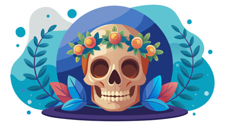 Colorful skull with flowers, flat vector. Great for decorative web design or Dia de los Muertos posters. Playful hues with flat, modern design.のイラスト素材