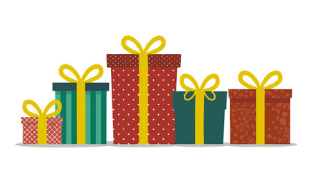 Colorful Christmas presents in red and green wrapping with yellow ribbons. Ideal for holiday web designs, posters, or textile patterns, featuring a festive and cheerful palette.のイラスト素材