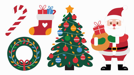 Santa Claus, candy cane, wreath, and Christmas tree in a cheerful flat style. Ideal for holiday-themed website designs, posters, and social mediaのイラスト素材
