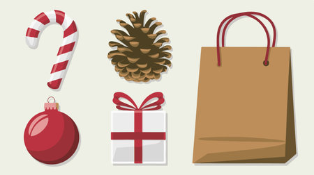 Simple, flat illustrations of holiday items like a candy cane and gift bag. Great for web banners, digital marketing, or festive social media postsのイラスト素材