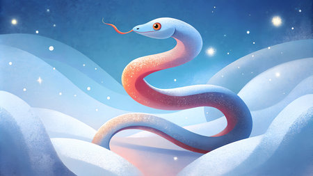 A vibrant orange and blue snake set in a snowy scene, ideal for creative designs, prints, or...