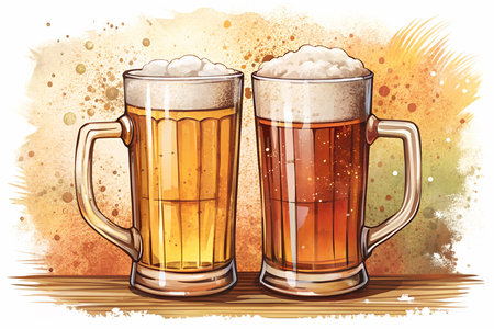 Oktoberfest beer mugs with frothy tops and a textured backgroundの写真素材