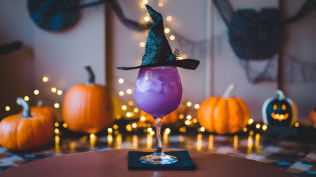 Festive purple drink in a goblet, topped with a miniature witch hat, surrounded by pumpkins and...