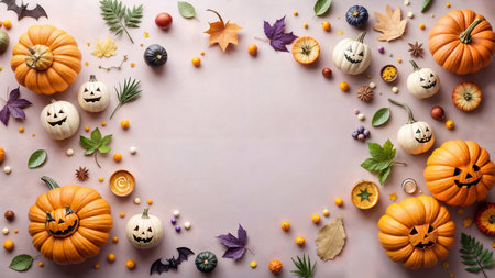 Various fall-themed objects, such as candies, bats, pumpkins, leaves, and a purple Halloween backdrop, with copy spaceの写真素材