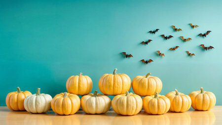 A pyramid-shaped collection of pumpkins with varying tones of orange and yellow, with bats soaring overhead.の写真素材