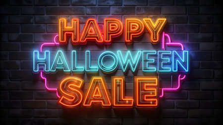 Vibrant neon Happy Halloween Sale sign with a festive design, suitable for online sales promotions or retail window displays. Uses bold neon colors for a striking effectの写真素材
