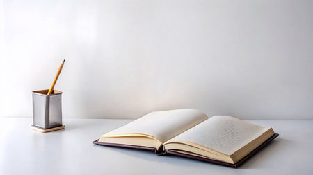 Open book with a pencil holder and a single pencil on a white desk. Simple and clean design in soft...