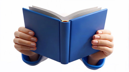 Person reading a book, blue cover, close-up, focus on hands, simple and modern design, great for...