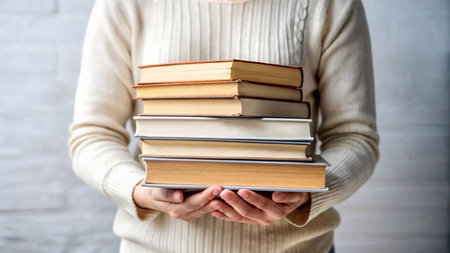 Hands holding multiple books, casual outfit, light background, soft tones, educational focus, suitable for library promotions and learning resources.の写真素材