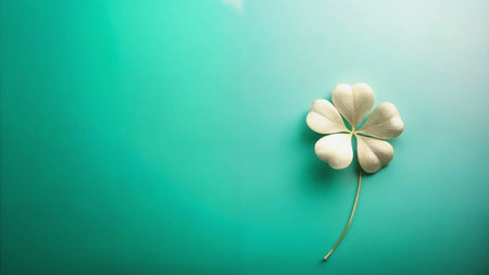 Silver four-leaf clover displayed on a teal background, ideal for contemporary branding or as a decorative element in digital design. The image's cool, vibrant colors make it stand out.の写真素材