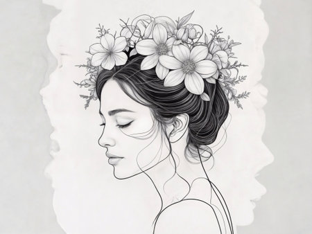 Digital drawing of a black-haired woman with closed eyelids and a crown of white flowers on her headの写真素材