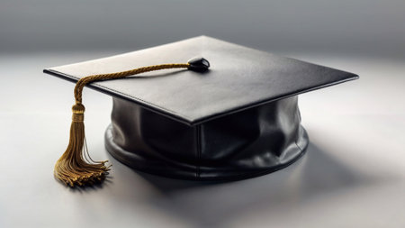Close-up of a classic graduation cap in black color with a golden tassel, signifying academic successの写真素材