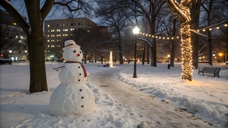 Snowman in park illuminated by string lights at dusk. Warm lights contrast with soft snow tones