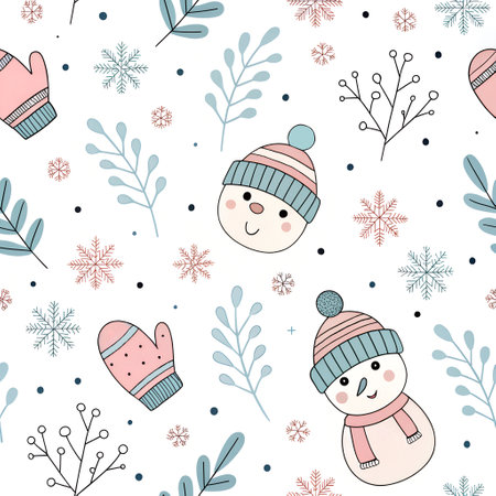 Winter-themed seamless pattern with branches, snowflakes, and cute snowmen in pastel colors. Perfect for digital wallpapers, crafts, or festive brandingの写真素材