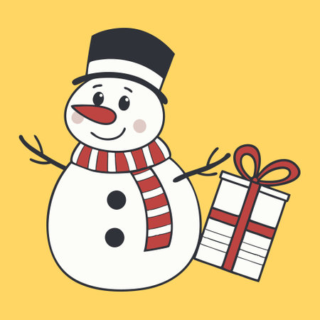 Smiling snowman with a red scarf and top hat holding a gift, yellow background. Flat festive illustration. For Christmas greeting cards and holiday decor.のイラスト素材
