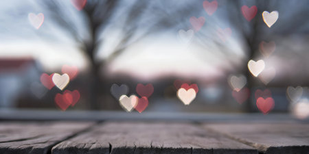 Heart-shaped bokeh lights in red and white tones floating above a wooden surface with a natural, blurry background. Valentine's Day conceptの素材