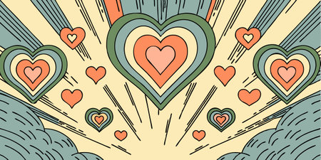 Layered abstract hearts with radial lines on a vintage pastel background. Valentine's Day illustration for designのイラスト素材