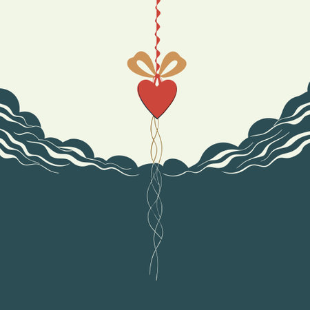 Minimalist illustration of a hanging red heart with gold bow over abstract waves. Valentine's Day romantic design.のイラスト素材