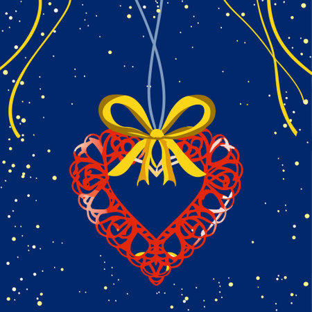Red lace heart with a yellow ribbon on a blue night sky background. Festive Valentine's Day illustration.のイラスト素材