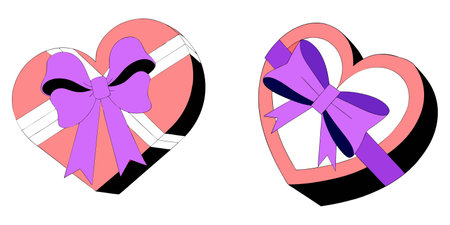 Pink heart-shaped gift boxes with purple ribbons and black accents on a white background. Valentine's Day illustration.のイラスト素材