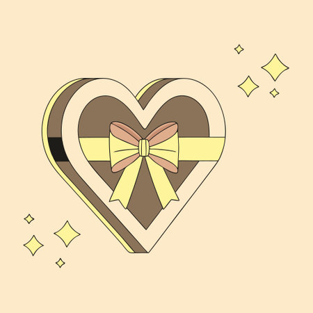 Golden and beige heart-shaped gift box with a pastel ribbon and sparkles. Valentine's Day illustration.のイラスト素材