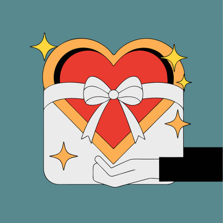 Heart-shaped red gift box with a white ribbon held by a hand. Minimalistic Valentine's Day illustration.のイラスト素材