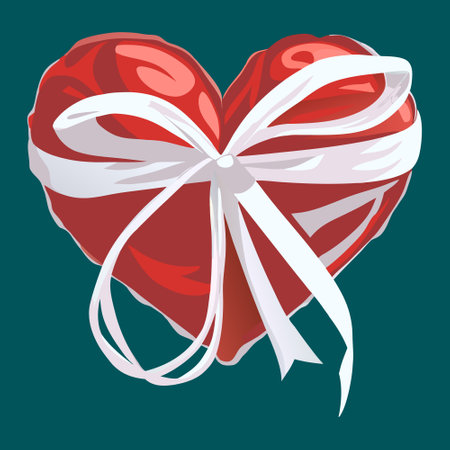Realistic red heart-shaped balloon with a white ribbon on a teal background. Valentine's Day design.のイラスト素材