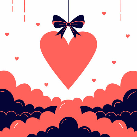 Large red heart with a navy ribbon hanging over pink and navy clouds. Valentine's Day illustration.のイラスト素材