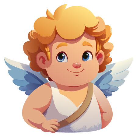 Smiling cherub with golden curly hair, blue wings, and a white tunic. Hand-drawn illustration of a cupid character for Valentine's Day themesのイラスト素材