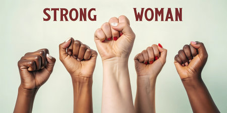 Raised fists of diverse women with 'Strong Woman' text on a neutral background. Feminist movement and empowerment conceptの素材