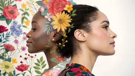 Double exposure of two women with floral elements. Nature and femininity conceptの素材