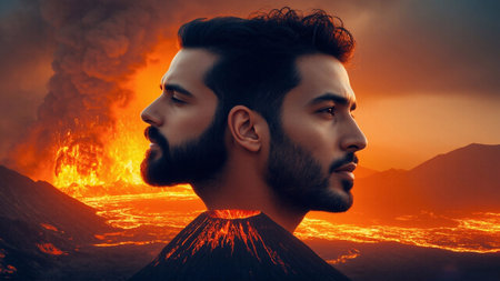 Two men with beards positioned back to back, facing opposite directions, with an explosive volcanic eruption in the background. Concept of rivalry, strength, and apocalyptic scenery.の素材
